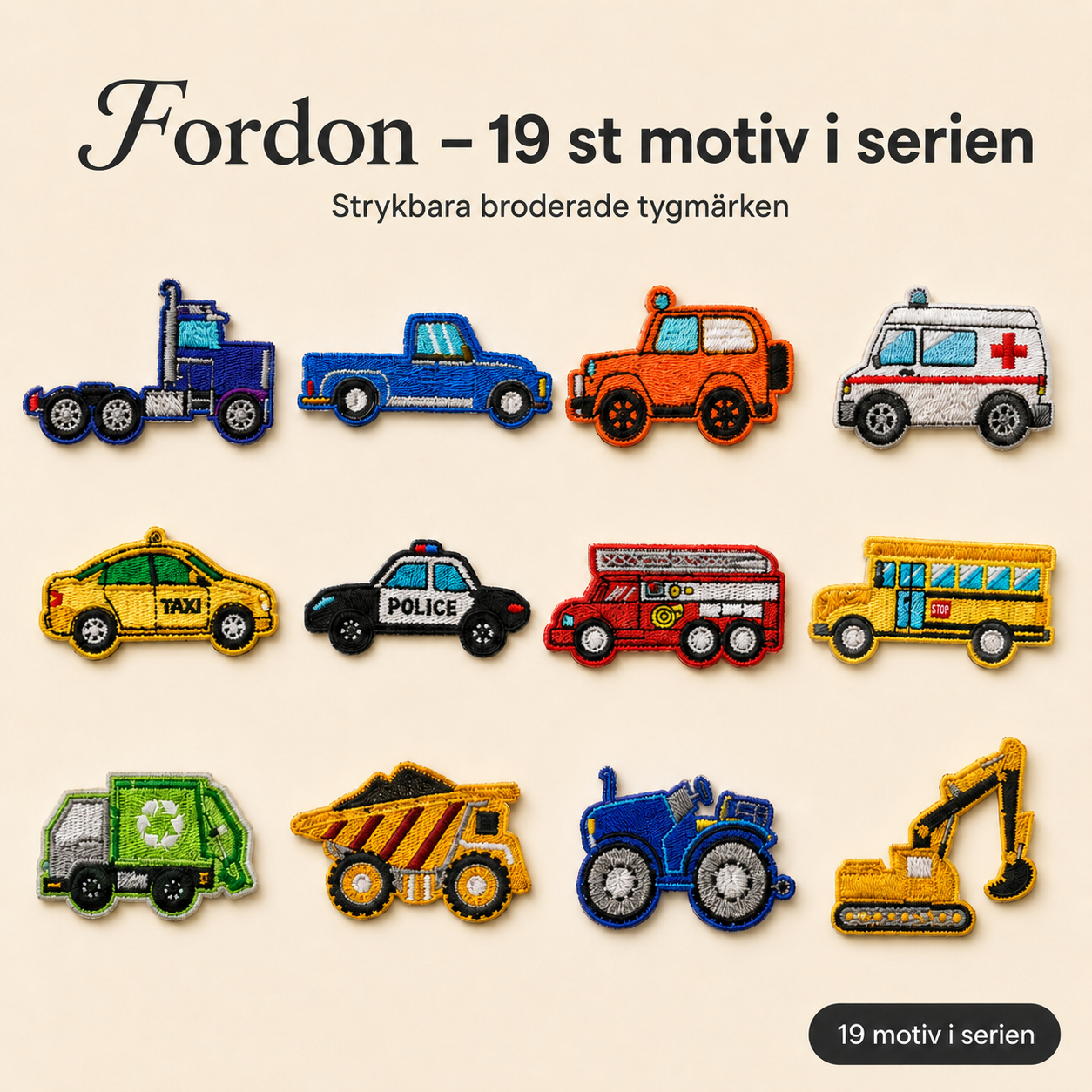 Køretøjs-pakke 19 strygemærker til tøj