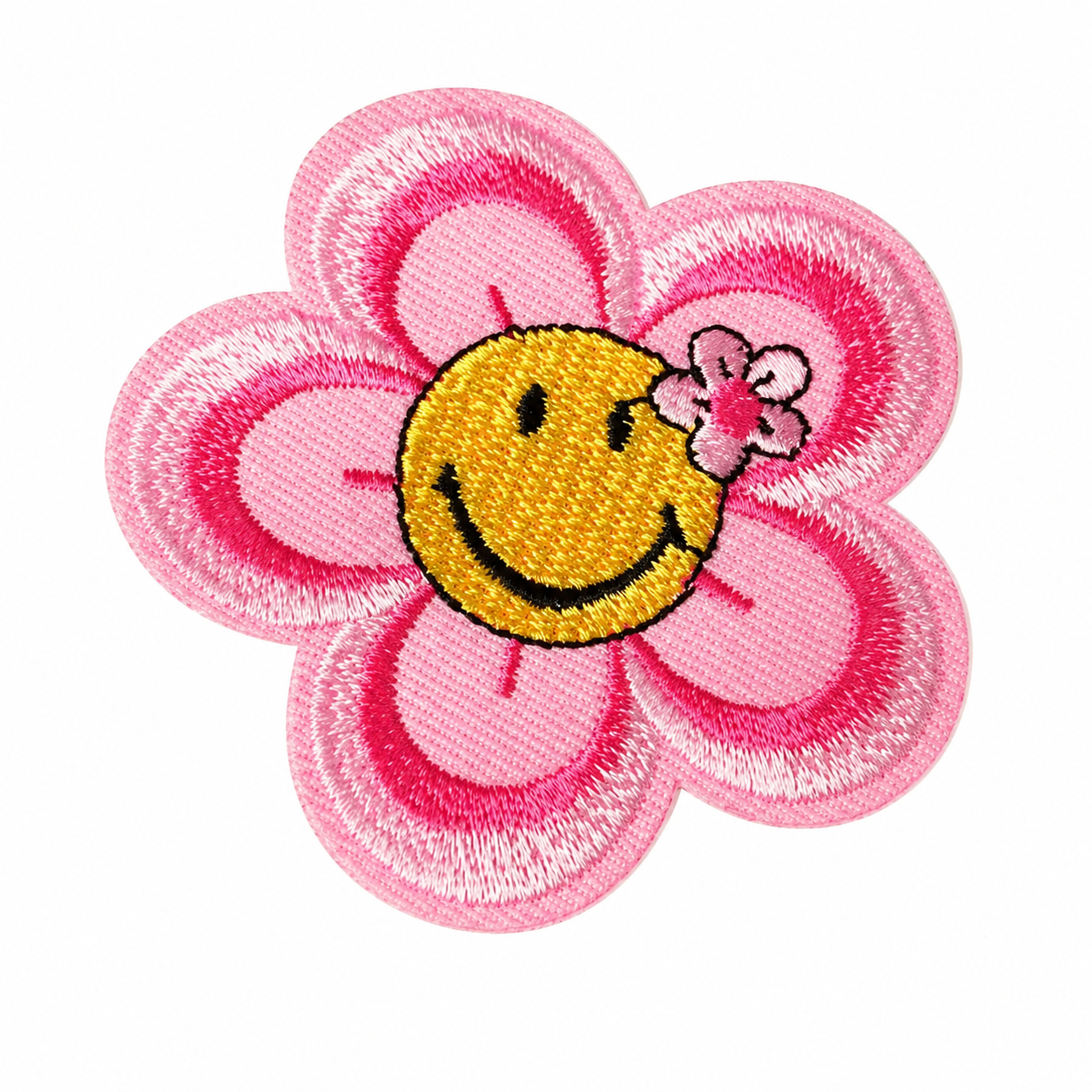 Blomst-smiley rosa/gul – strygemærke