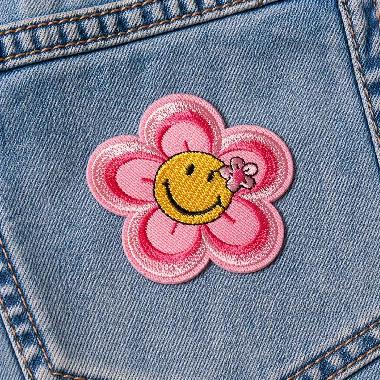 Blomst-smiley rosa/gul – strygemærke