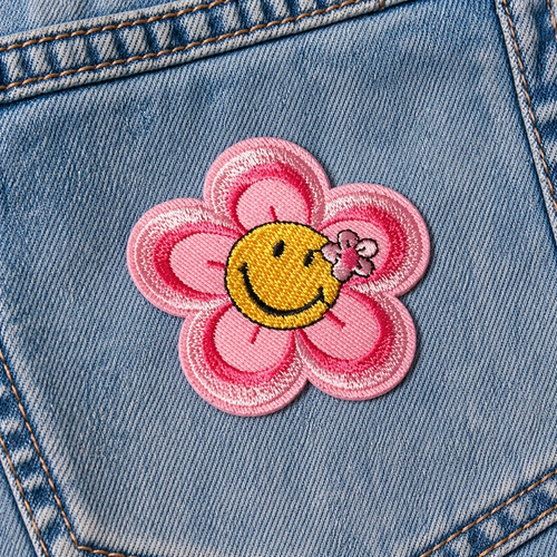 Blomst-smiley rosa/gul – strygemærke